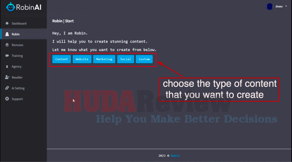 RobinAI-Demo-3-Choose-Type-Content